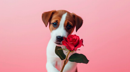 A cute puppy holds a red rose in his paws on a light pink background. Congratulations on...