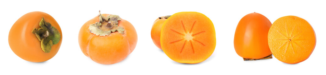 Fresh persimmon fruits isolated on white, collection