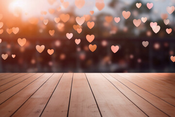Naklejka na ściany i meble Wooden floor and hearts bokeh background. valentines day concept.