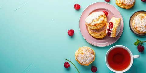 Scones is a British sweet pastry for tea. Top view Crispy wheat flour cookies on flat table with copy space. A close-up of a scone dessert. - obrazy, fototapety, plakaty