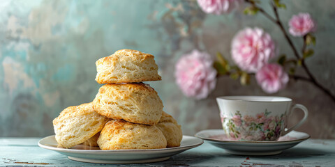 Scones is a British sweet pastry, tea cup. Crispy wheat flour cookies on minimal table with copy space. A close-up of a scone dessert.