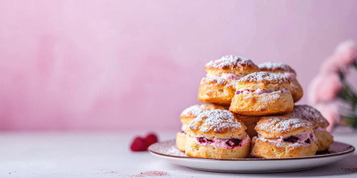 Scones with cream filling is a British sweet pastry for tea. Crispy wheat flour cookies on minimal table with copy space. A close-up of a scone dessert.