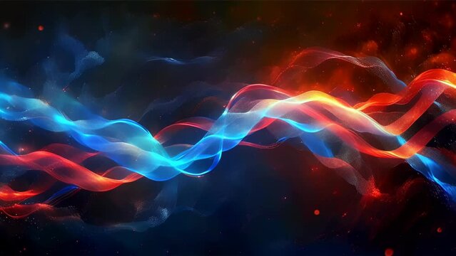 Blue and red lights intersect among cosmic stardust, creating a mystical and dynamic cosmic landscape.
