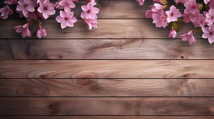 Naklejka na ściany i meble 3d illustration , wooden planks background with beautiful flowers on background , custom wallpaper design. Generative Ai