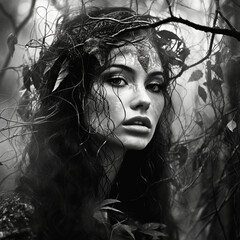 fotografia en blanco y negro con detalle de mujer entre vegetacion