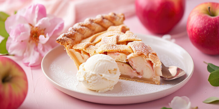 Slice of delicious apple pie with a ball of creamy ice cream on pastel light background. Classic baking, picture for menu, fruit pie.