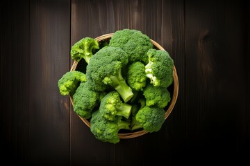 fresh broccoli florets lie in a bowl on a dark wooden surface. view from above. a place for the text.