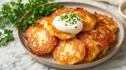 Food photography, deruny (potato pancakes), golden and crispy, with a sour cream dollop in motion on a marble stone surface