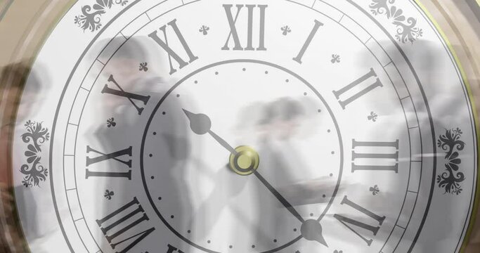 Animation of clock ticking over cityscape