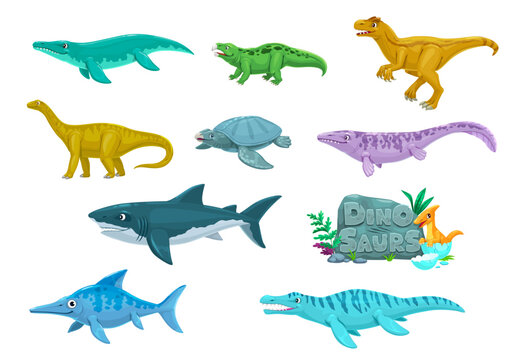 Cartoon dinosaurs prehistoric animals characters. Paleontology reptiles funny vector mascots. Kronosaurus, Hyperodapedon, Allosaurus and Vulcanodon, Archelon, Tylosaurus dinosaurs cute personages