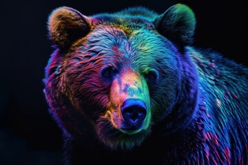 Portrait of a beautiful grizzly bear in neon colors