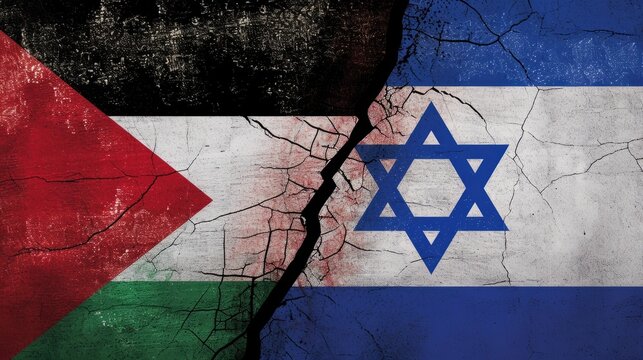 Israel and Palestine Flags on Cracked Surface.
Grunge textured flags of Israel and Palestine, split by a crack.