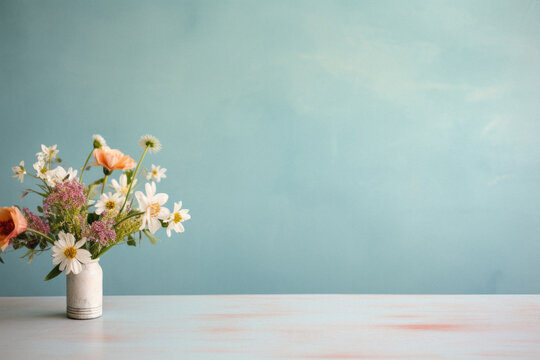 Fototapeta Vase with wildflowers on wooden table over blue wall background.