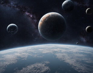 Outer space with planets, galaxies and moons