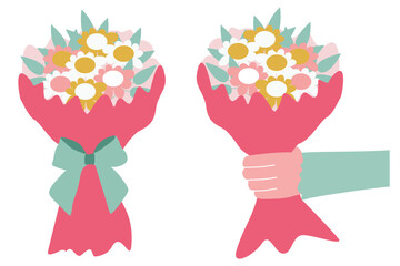 Set of spring Bouquets of flowers. A Male hand gives Wrapped Flowers. Valentines day, Wedding, Birthday Design Art. Vector illustration in flat design isolated on White for Postcard, Banner, Card.
