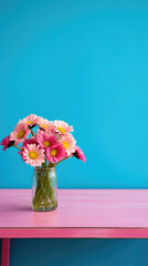 Pink daisies in a glass vase on a blue background.