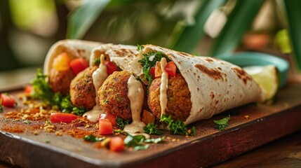 Food photography, falafel wrap with a burst of tahini, on a tropical palm leaf background - obrazy, fototapety, plakaty