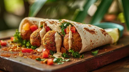 Fotobehang Food photography, falafel wrap with a burst of tahini, on a tropical palm leaf background © Татьяна Креминская