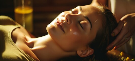 Woman receiving a facial massage with natural oils and serums. Facial massage for woman. Horizontal photo. For banners, posters, advertising.
