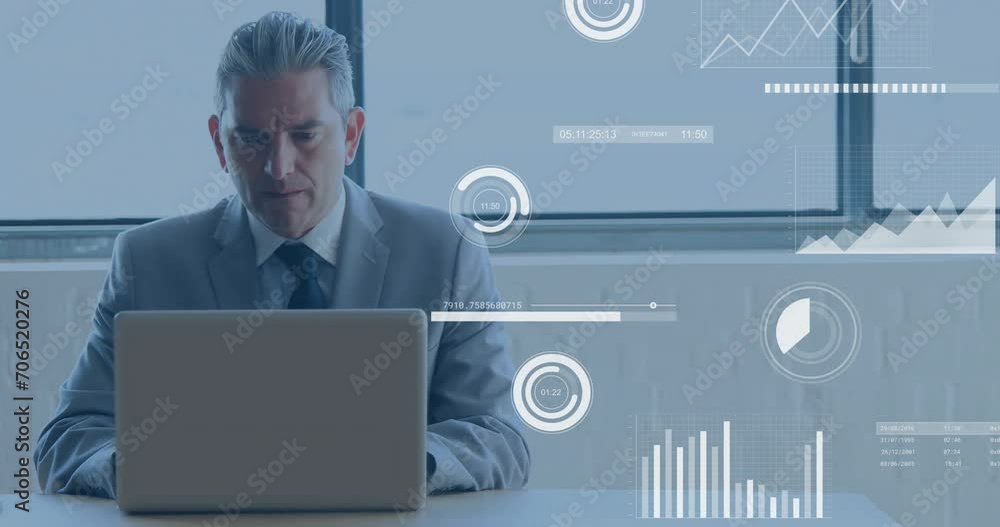 Poster animation of statistics and data processing over caucasian businessman using laptop in office