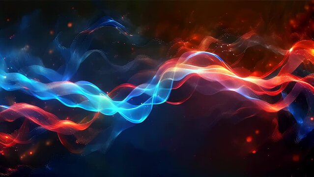 Blue and red lights intersect among cosmic stardust, creating a mystical and dynamic cosmic landscape.
