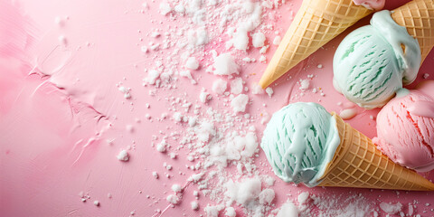 Pale pink background with ice cream and sprinkles. Design with space to place text. - obrazy, fototapety, plakaty