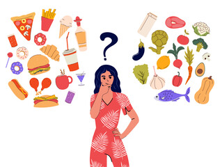 A girl chooses between healthy and unhealthy food. Diet. Flat style and character. Nutrition concept. Diet. Vector illustration. Isolated. Balanced food. Comparisons of junk food and organic food. 