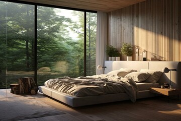 Contemporary bedroom with sunlight seeping through window. Generative AI
