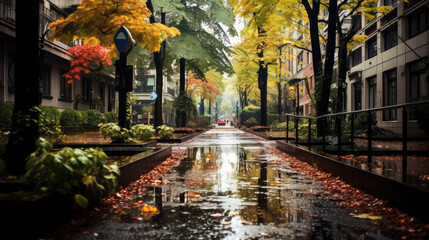 An urban park alley during a rainy autumn day, showcasing the wet leaves and serene city nature from a ground perspective.