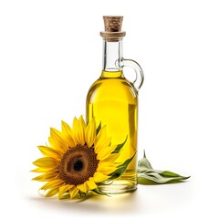 eine flasche sonnenblumenöl auf weißem Hintergrund