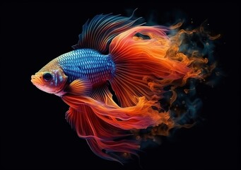 Colorful Betta Fish Illustration. Siamese Fighting Fish. Betta Splendens with smoke effect