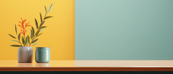 Interior of modern living room with plant in vase and yellow wall.