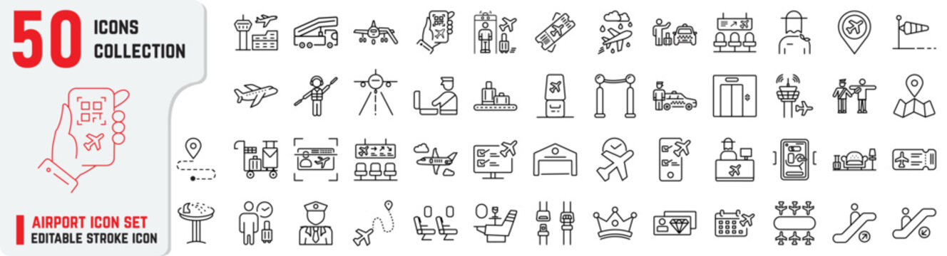 Airport Icon collections include tower, security check, web check-in, taxi, passport, lounge, ticket scanning, terminal, airplane, immigration, and pilot icons. Airport editable stroke icon