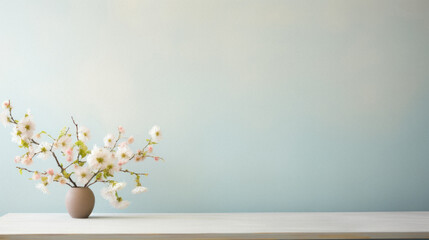 Blooming sakura flowers in vase on wooden table over blue wall background.