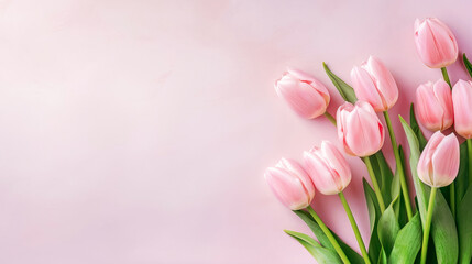 bouquet of delicate pink tulips on a pink background, a place for text