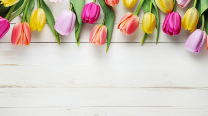 spring background with bright multicolored tulips on a wooden surface