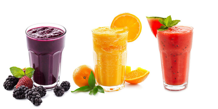mouthwatering smothies on isolated tranparent background, blackberry orange and watermelon