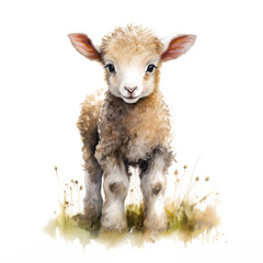 Digital watercolor illustration of an adorable young lamb, standing among grass and wildflowers.