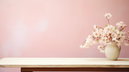 Vase with sakura flowers on wooden table over pink wall background.