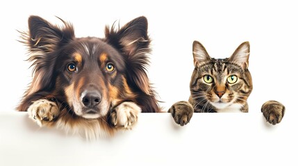 Cat and dog behind blank banner. Isolated on white background.