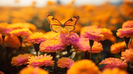 Autumn Marigold Field with Butterflies - AI Generated