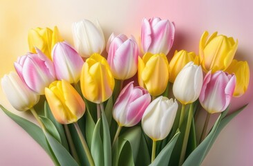 festive design, lively spring flowers bouquet. many tulips with blossom on colorful background