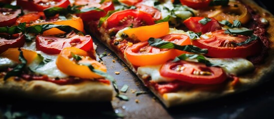 Up-close photo of tasty vegetable pizza slices.