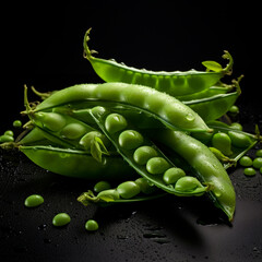 Fotografia con detalle y textura de vainas y guisantes de color verde, sobre fondo de color negro