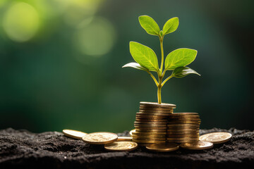 This visually compelling image of a green plant on coins conveys the concepts of savings, investment, and the growth of wealth in a growing economy.