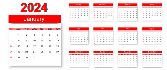 Year 2024 colorful calendar on white background. Vector template. Week starts on Sunday. Desktop planner in simple clean style. English vector calendar layout. - obrazy, fototapety, plakaty