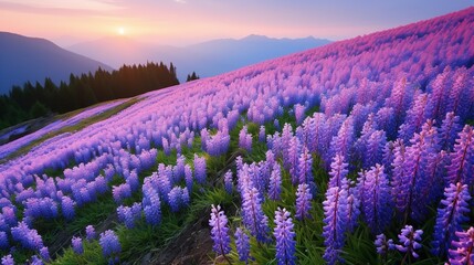 Naklejka premium Springtime Hyacinth Hillside Bliss - AI Generated
