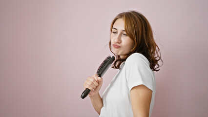 Young woman singing song using brush as a microphone over isolated pink background