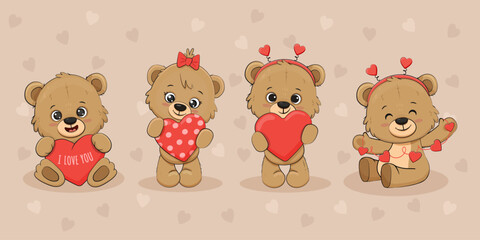 Cute cartoon teddy bear with heart for your design. Valentine's card. Mother's Day card. Vector illustration