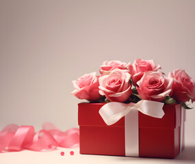 valentine's day concept red gift box white bow light pink rose light pink background, beautiful, romantic.